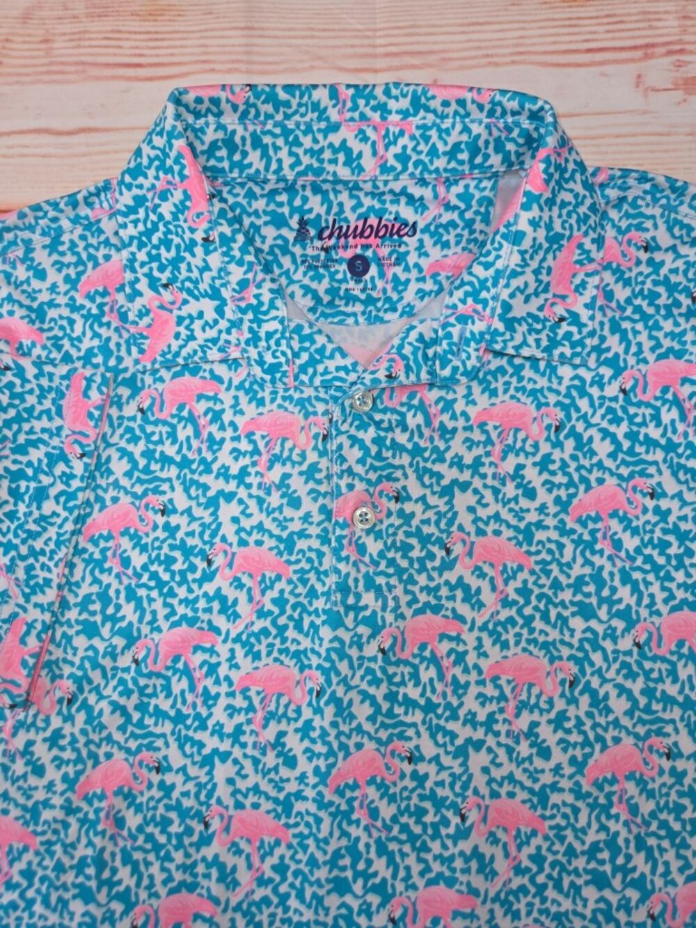 Chubbies Mens Flamingo Print Polo Size Small Blue & Pink Tropical